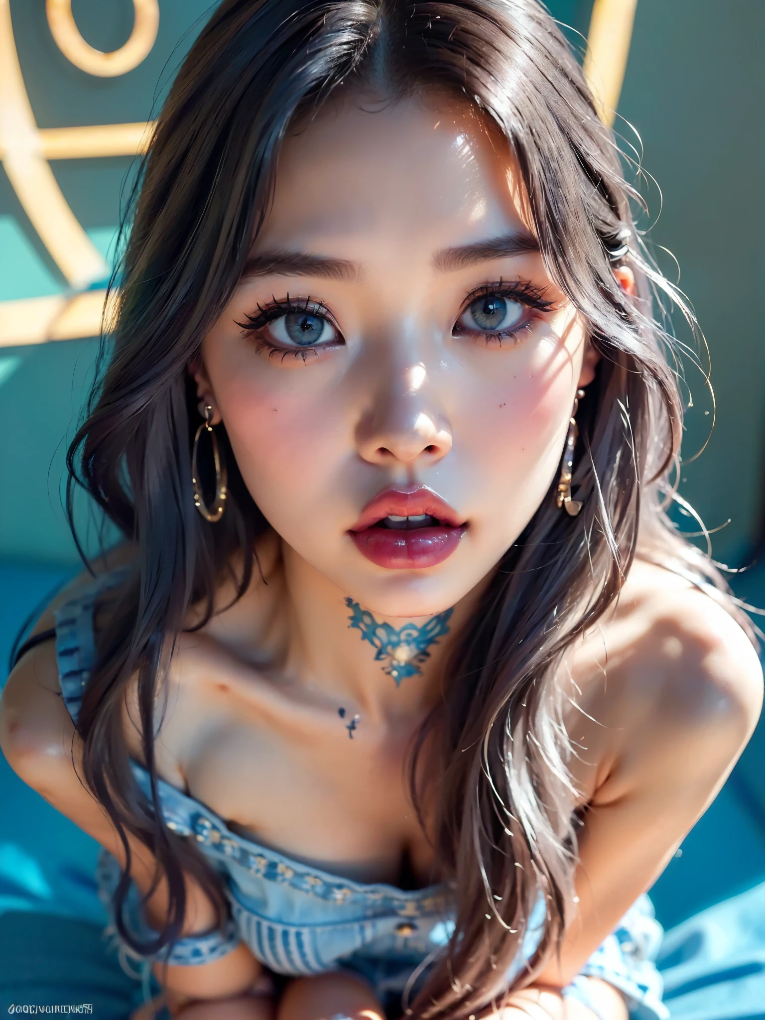 (UHigh resolution, retina, masterpiece, Accurate, Anatomically correct, Textured skin, Super Detail, Attention to detail, high quality, 最high quality, High resolution, 1080P, High resolution, 4K, 8k, 16k), (美しいAttention to detail目, Beautiful lip detail, Highly detailed eyes and face), Soft lighting, Physically Based Rendering, Vibrant colors,((((最high quality、masterpiece, 高精細CG8kイラスト, Graffiti art, Center Configuration, Highly detailed lights and shadows, wall, Highly detailed face and eyes,masterpiece, 最high quality, Alone, One girl, Glowing Skin, Earrings, Splendid, Whimsical details,  Fascinating, Bare shoulders,Goth Fashion, Shallow depth of field, Contrasting, Professional Model,Detailed eyes,Symmetrical eyes))), (Glowing Skin), (Urzan-6500:0.33)、Outdoor、(((Cowboy Shot,Full Body Shot,Glossy thighs)))