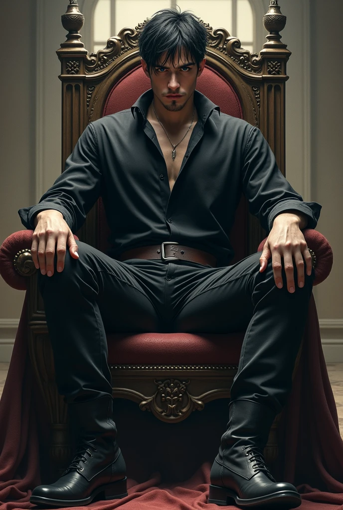 A distant image, of a large black throne and everything is dark, and an extremely handsome man, with purple eyes and pointy ears, muscular black hair, very sexy, black dress, sitting smugly, con una mirada very sexy, glowing home light