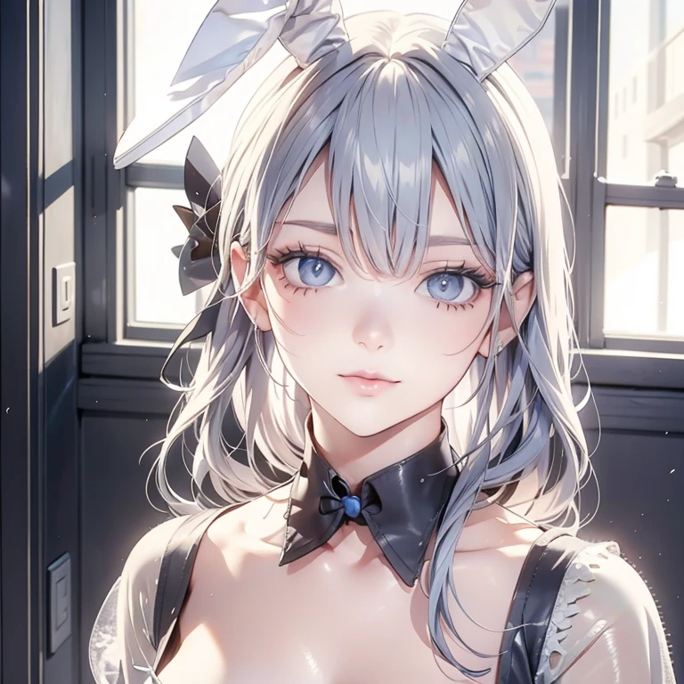 bunny、Garter belt、Outstanding style、Light blue hair、Detailed blue eyes、Very even face and skin texture,