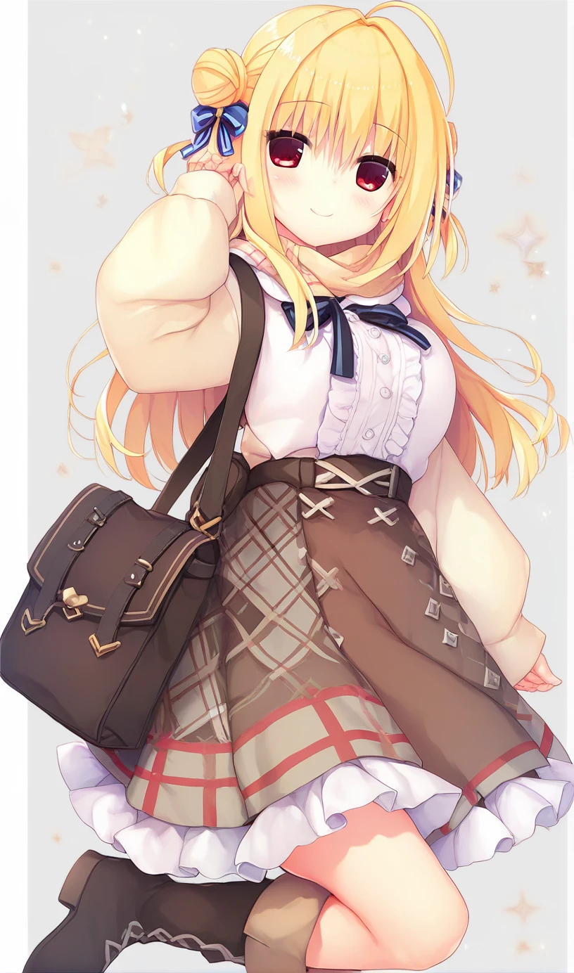 1girl,hiyori-default,hiyori-default,red eyes,blonde hair, double bun,ahoge, long hair,Oversized beige knit sweater, brown flared skirt, brown short boots, plaid stole, dark leather shoulder bag, smiling