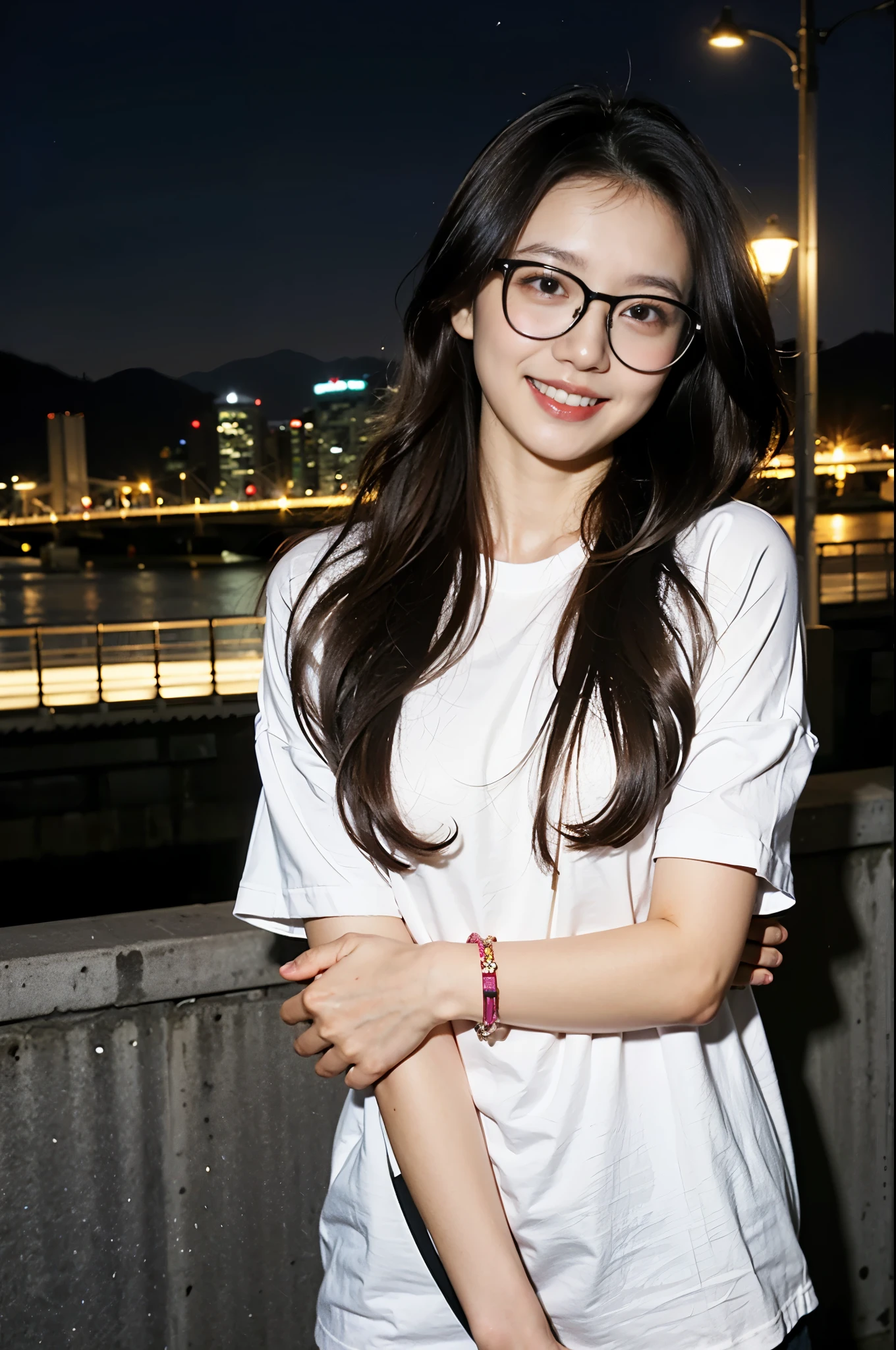 girl, cute, messy hair, round glasses, smile, white oversize t-shirt, bracelet, in front of bridge, night, skyscraper background, dark lighting.