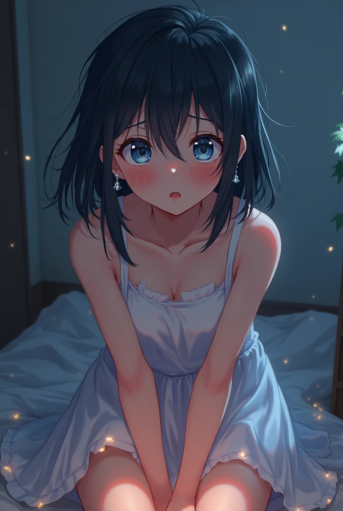 The shadowy figure sitting on the bed, with a frightened woman standing nearby,4k