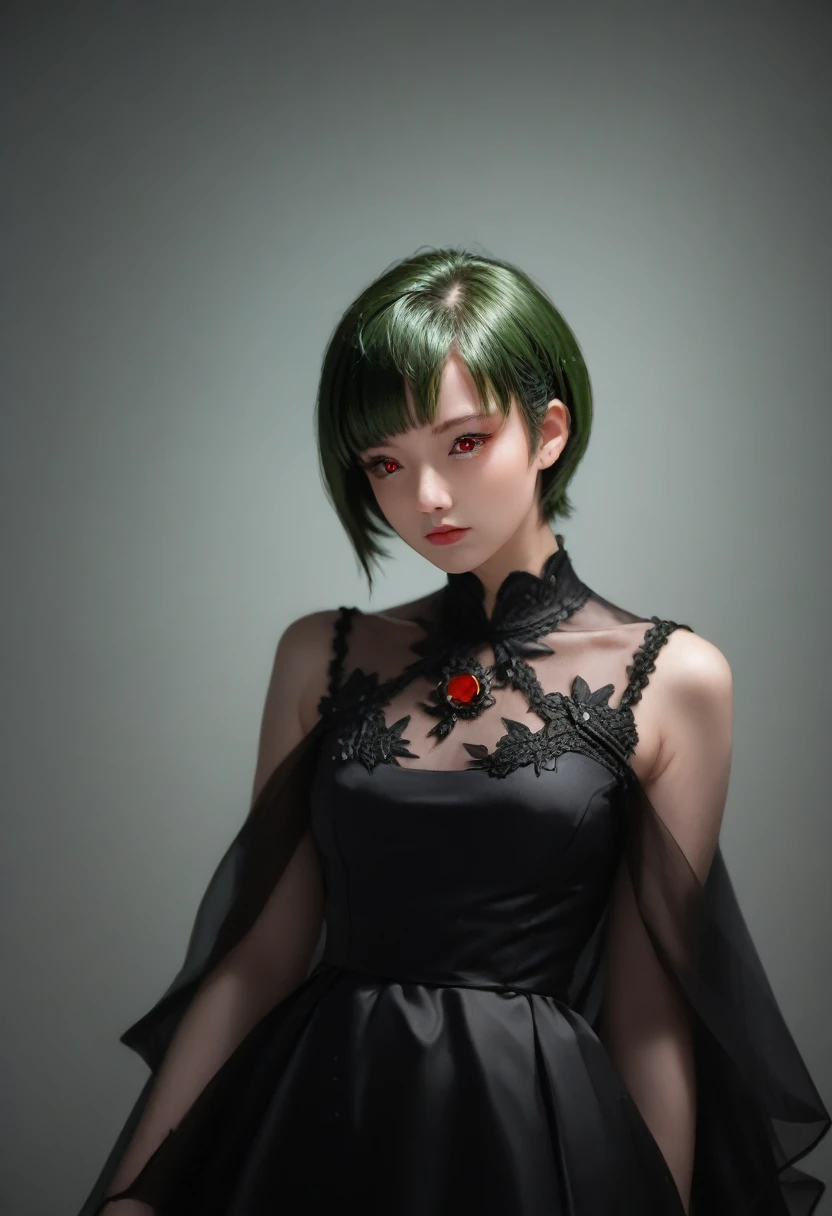 1 girl, green hair, Red Eyes, dress, Short hair, (One:1.3),  