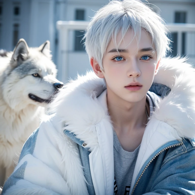 A boy with white hair and a wolf cut and bear ears