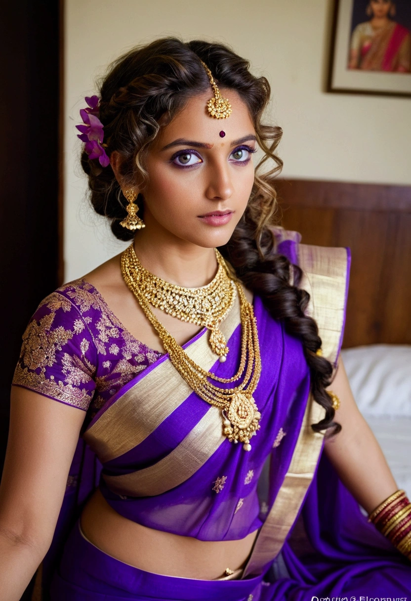  European woman with wavy hair and purple eyes, wedding saree, freckles, 25 year old, photograph, long braid, jasmine flowers in her hair, gold necklace, breasts, sexy, bedroom