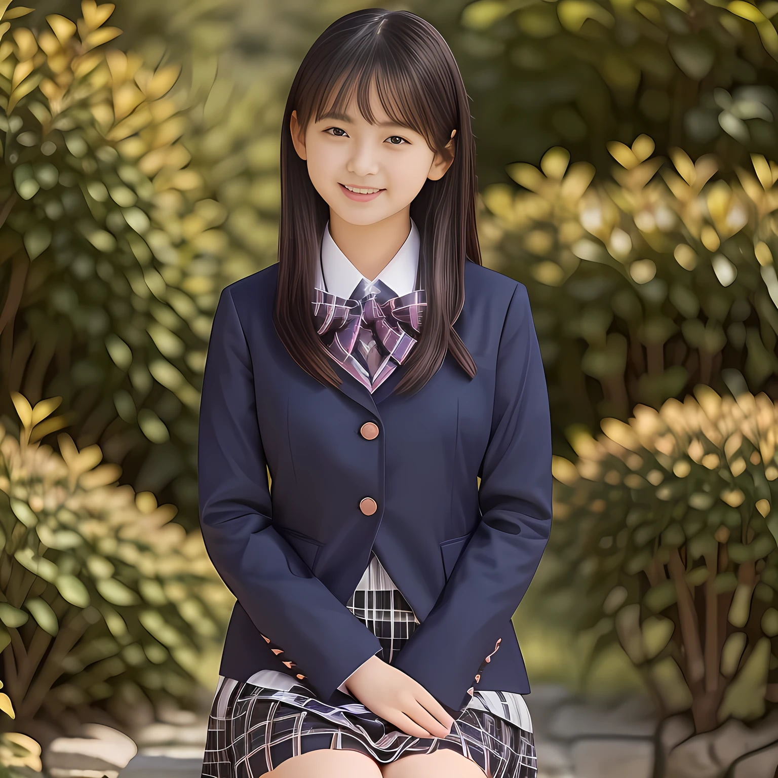 (Highest quality, masterpiece:1.2), Highest quality, High resolution, 1080P, 8k, (A noble, graceful and intelligent 14yo Japanese young long hair lady who have a best proportion are seated smiling at me with extreme beatitude, expressing her happiness to me with her love supreme: 1.5), (background is complete black: 1.0), (double-eyelids, completely balanced, brown wet large eyes with detailed beautifully: 1.6), (Drives me crazy for her navy-colored neat tartan checkered blue skirts and make me fall into her navy-colored tartan checkered skirt: 1.8), (Everyone says she is the most beautiful 14yo girl in Japan: 2.2), (Fine white skin that looks like she has never been out of home: 1.5), (Navy colored school blazer, Navy blue pleated school tartan checkered skirt: 1.0), Very soft and adorable cheeks, (Plain blue school ribbon on the breast), (Nothing background except completely white wall), (Girl whom everyone loves because of her beauty and lovely fashion and noble manner and magic-charm of succubus: 1.0),