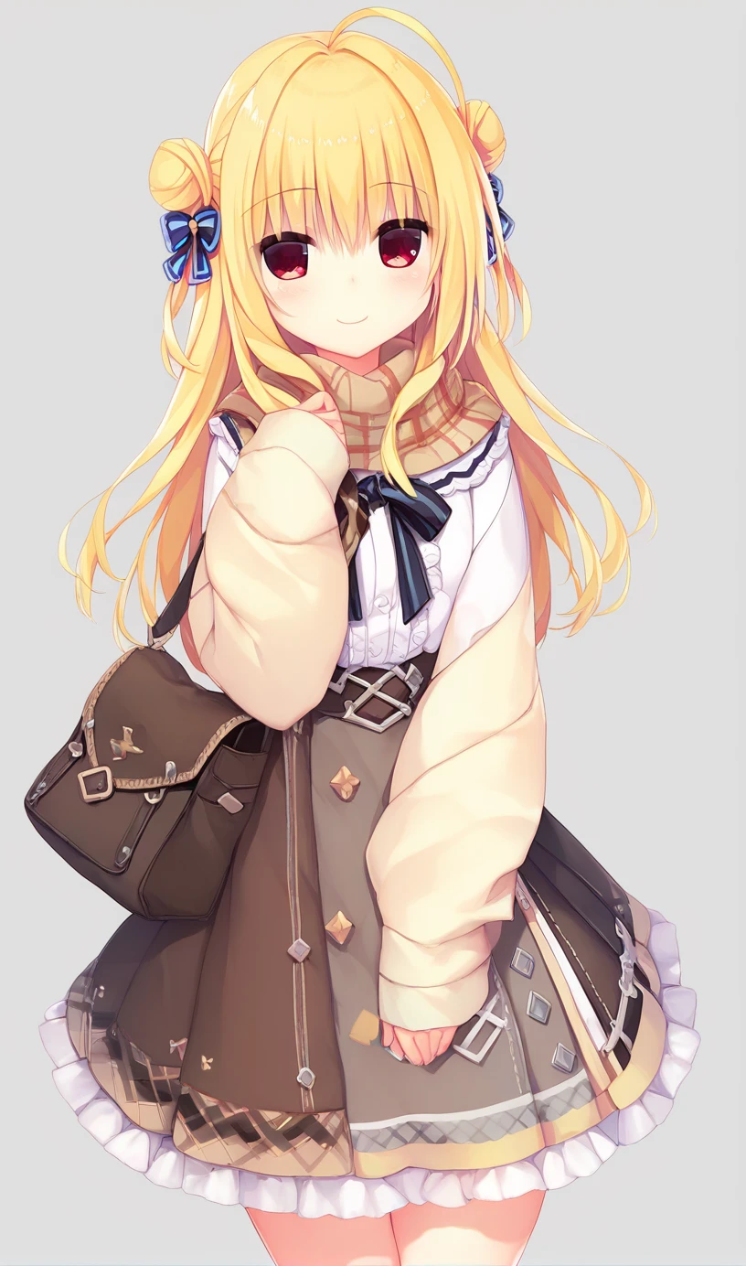 1girl,hiyori-default,hiyori-default,red eyes,blonde hair, double bun,ahoge, long hair,Oversized beige knit sweater, brown flared skirt, brown short boots, plaid stole, dark leather shoulder bag, smiling