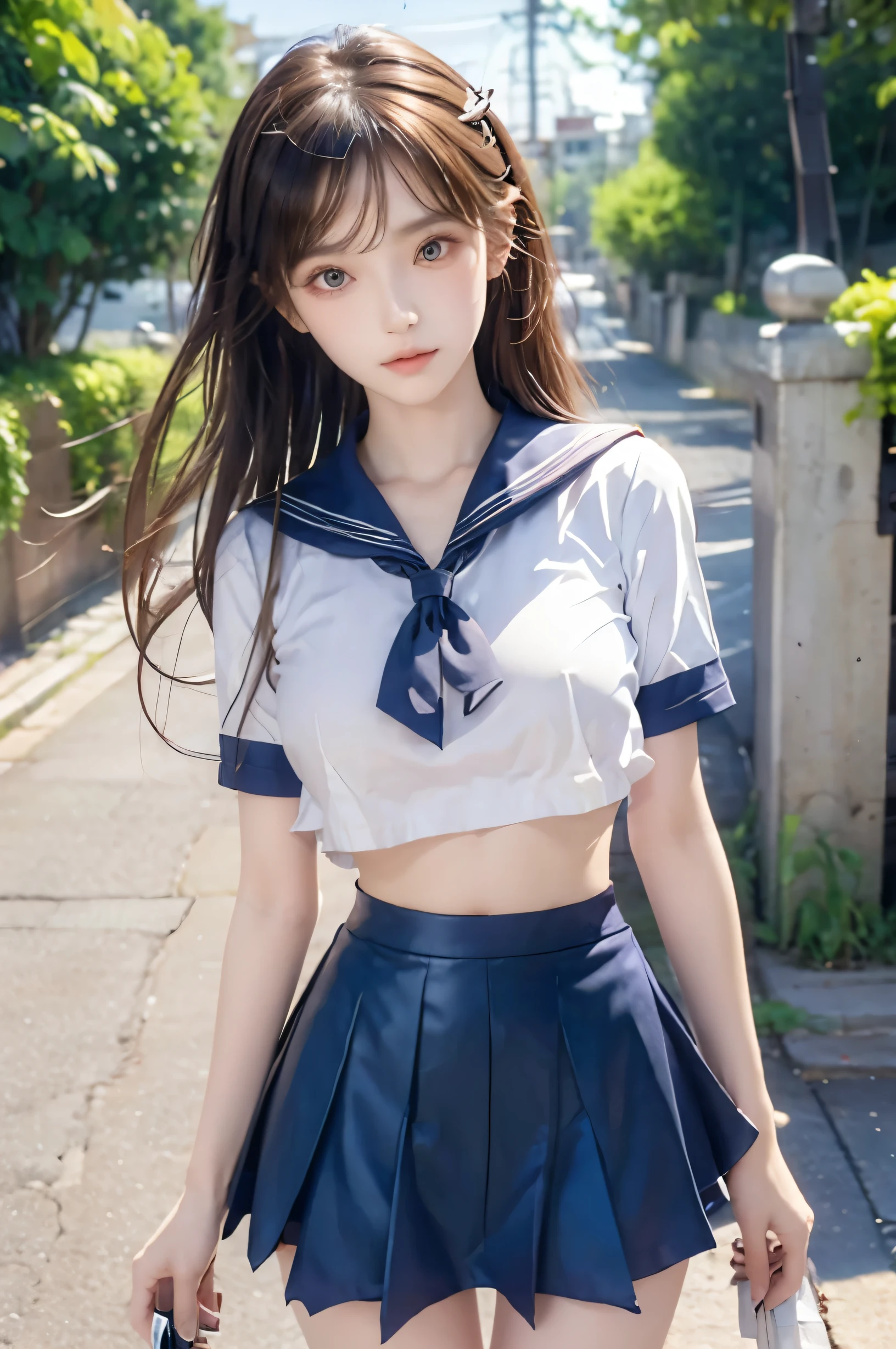 (Ultra HD), (Looking at me), (Short-sleeved sailor uniform, Navy blue mini skirt), Big Breasts, Super beautiful breasts, Slender, (Thin legs:1.2), (Thin thighs:1.2), (Thin Hips:1.4), (Beautiful Skin, Shiny skin, White skin), (Super slim face, Super beautiful face, No makeup, Smile:0.6), (Light Brown, Long Hair, Layered Cut, Fluffy hair), (Big eyes:1.3, High corners of the eyes:1.6, Double eyelids), (Thin eyebrows:0.1), (Small Nose:0.6), (Thin lips:0.6), Empty-handed, Standing, In front of the school gate