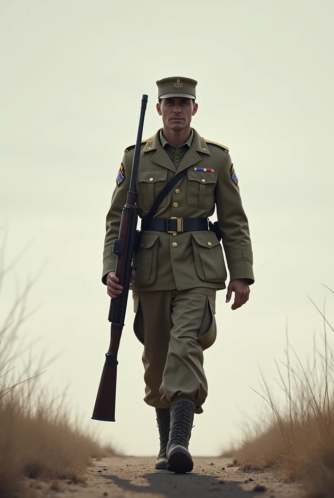 poster of a military soldier, muscular body, with light ocher uniform, black beret, black boots, light ocher vest, dynamic pose, standing full body, in the background, ultra realistic, best quality, high quality, epic scene, cinematic
