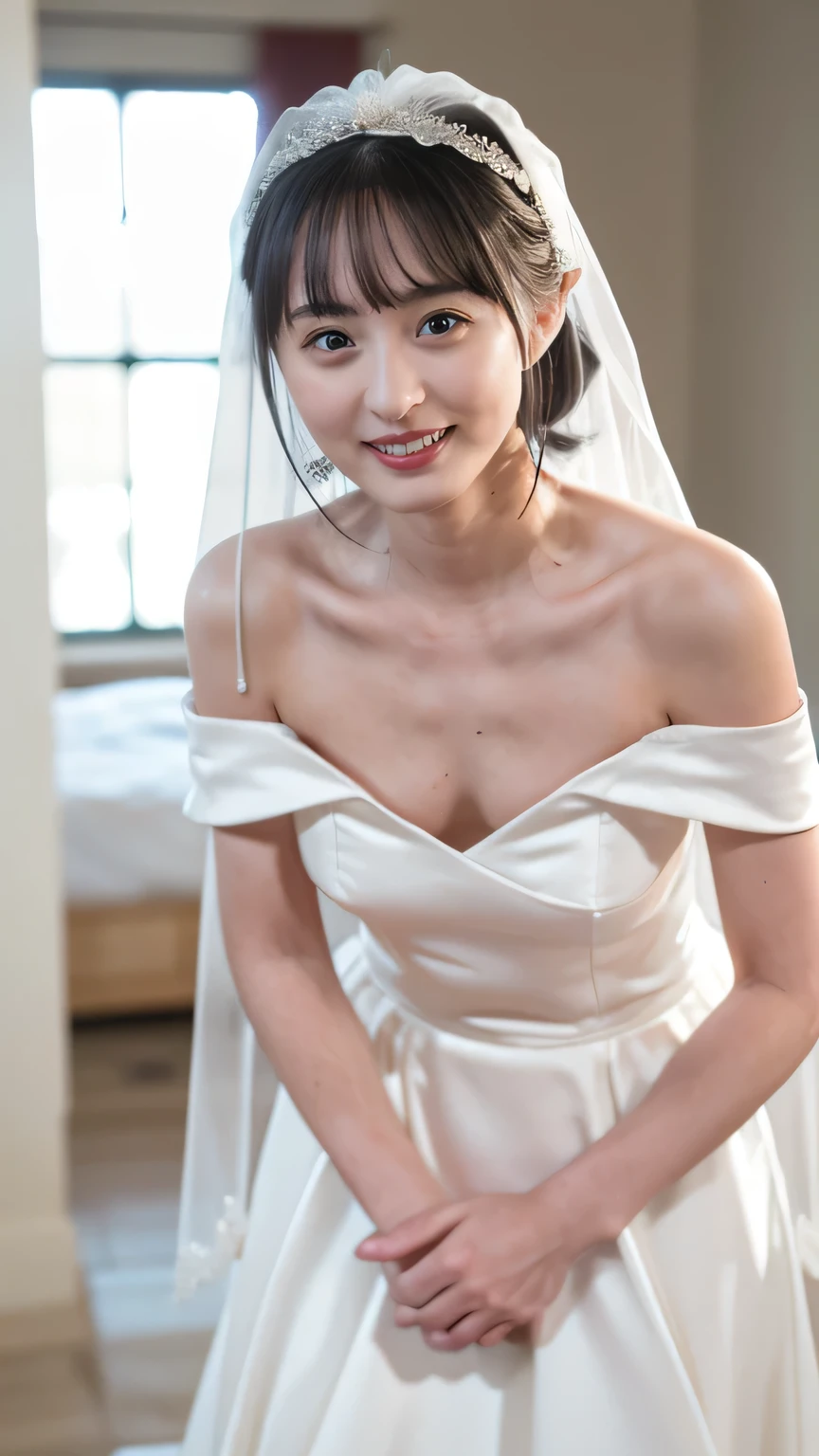 (8k、RAW Photos、Best Quality、masterpiece:1.2)、(Realistic、Realistic)、1 girl、((Off-the-shoulder wedding dresses、Veil、Chapel、Short Bob、View from the front、smile、Looking into the camera 、smile、Leaning forward))、cute、Small breasts、Nipples