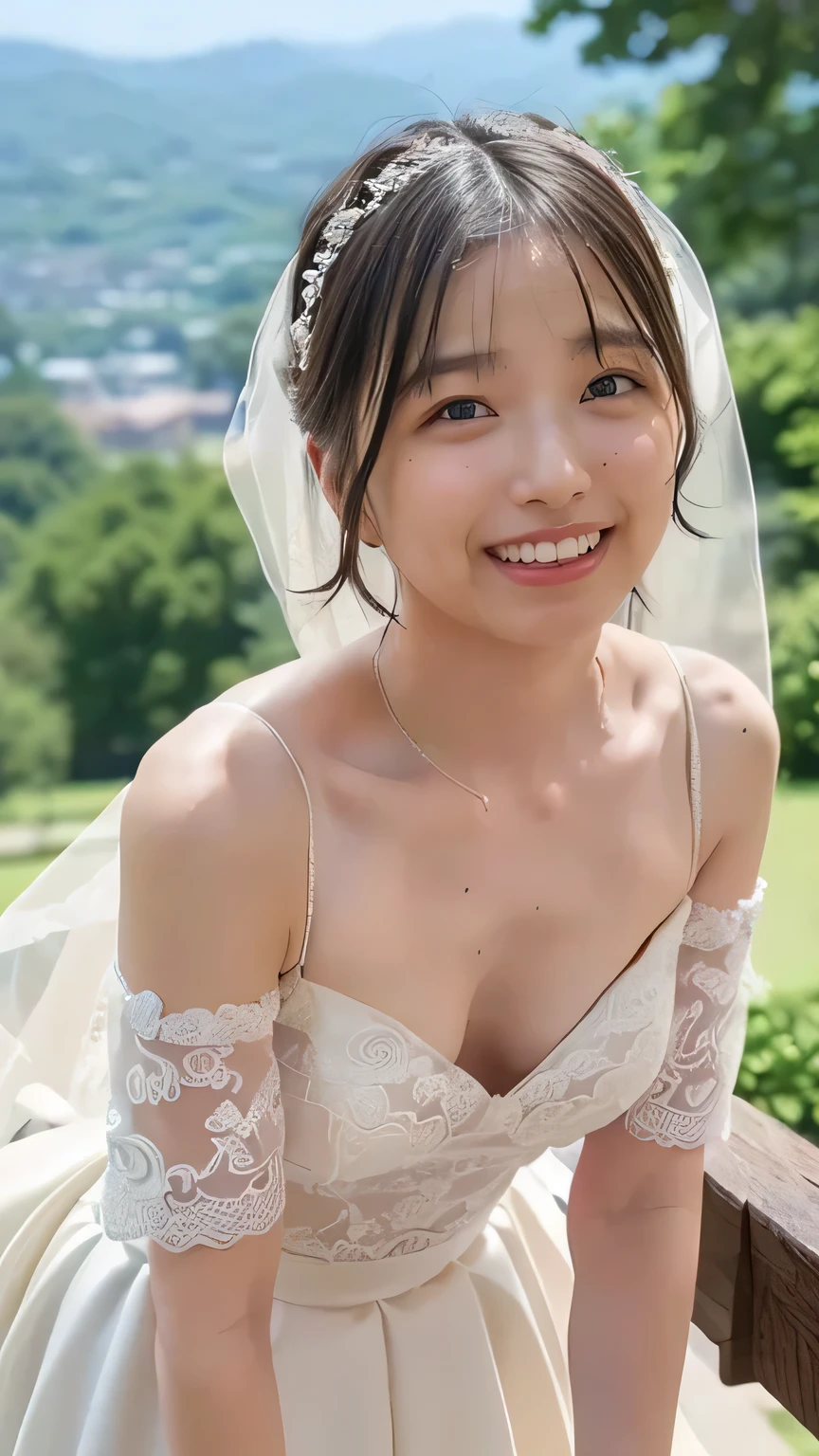 (8k、RAW Photos、Best Quality、masterpiece:1.2)、(Realistic、Realistic)、1 girl、((Off-the-shoulder wedding dresses、Veil、Chapel、Short Bob、View from the front、smile、Looking into the camera 、smile、Leaning forward))、cute、Small breasts