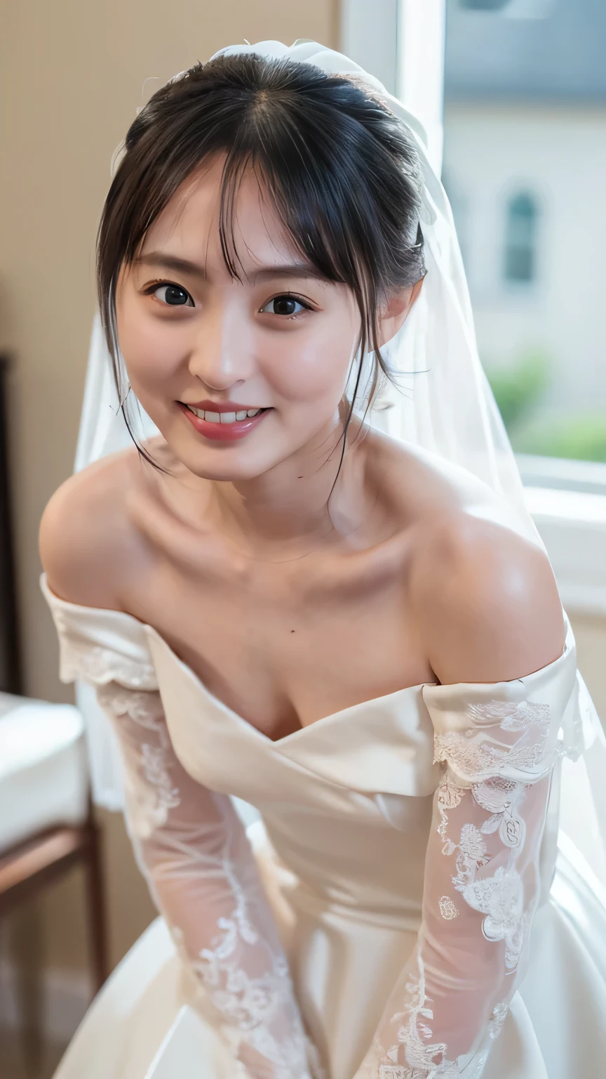 (8k、RAW Photos、Best Quality、masterpiece:1.2)、(Realistic、Realistic)、1 girl、((Off-the-shoulder wedding dresses、Veil、Chapel、Short Bob、View from the front、smile、Looking into the camera 、smile、Leaning forward))、cute、Small breasts