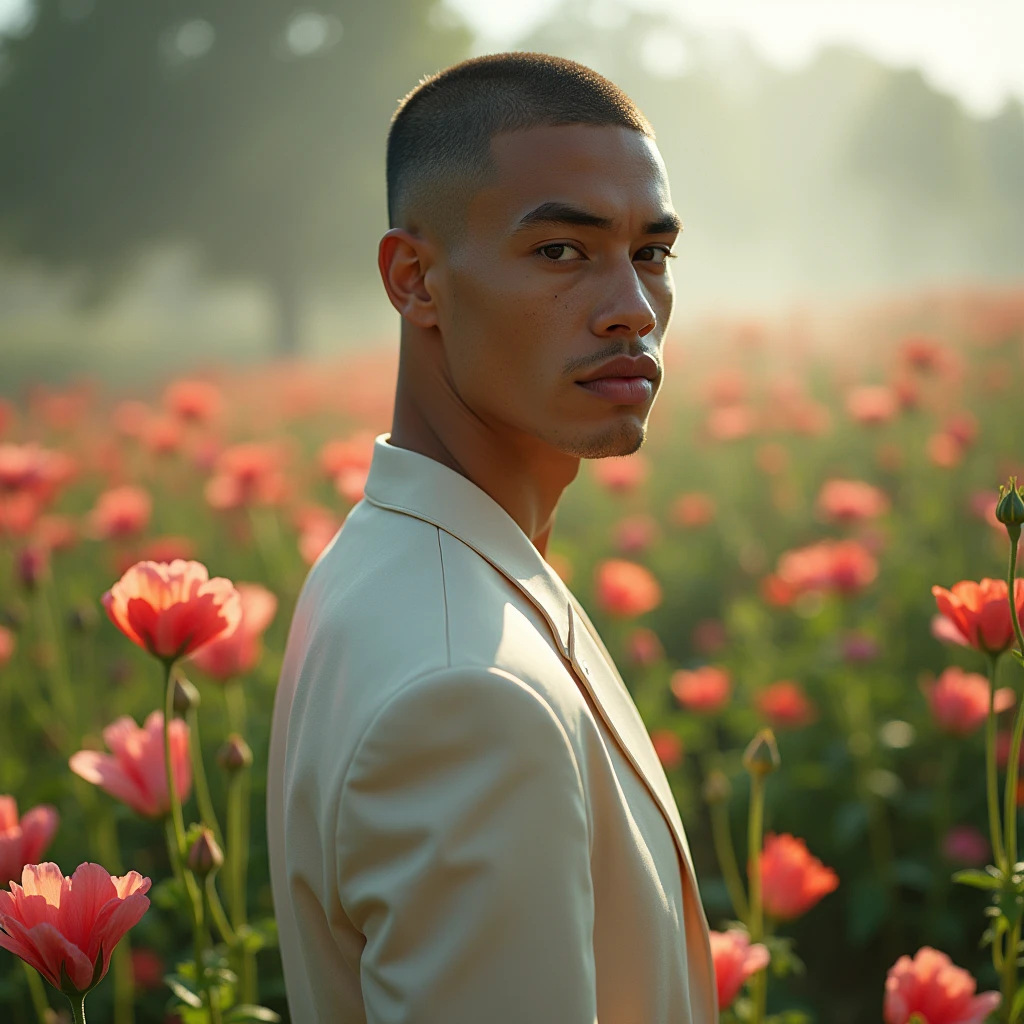Behold a fashion editorial photo shoot featuring a photogenic and charming male supermodel, attractive 1 mixed race, detailed face and smooth skin, symmetric face, slander, gray buzz cut hairstyle, aesthetic, soft moody tone, striking features, showcasing a fashion men's G string. elegant look, young and sexy, complementing each other in their sheer with thick bulge cock line, (Male Focus), highly detailed, intricate details, dramatic composition, realism, high-quality rendering, RAW photo ,fashion photoshoot, 2Man, ((full body)), stunning art, high quality, film grain, photo-realistic, insanely detailed, face detail, hype maximalist, hype hyperrealism, cinematic, telephoto, lighting intricate details, highly detailed, highly detailed, concept art, smooth, sharp focus, Unreal Engine 5, 8K, UHD, 8k, high quality. neutral acne, blemishes, detailed skin, English garden full of flower booming, flower fields, morning light with faint mist shrouded behind background, in the center of the screen,  most handsome man in the world, Capture full-body short, dynamic angle, using a Canon EOS R7 and Sigma AF 85mm F1.4 EX DG HSM lens by Thomas Synnamon, Employ a shallow depth of field to focus closely on his face and body while softly blurring the background, Draw inspiration from high-fashion photographer, emphasize detail, texture and a sophisticated luxurious atmosphere, Emphasize the golden warm lighting and its effect on enhancing his features and the robe's rich textures, creating a visually captivating and elegant portrait that exudes warmth and sophistication,