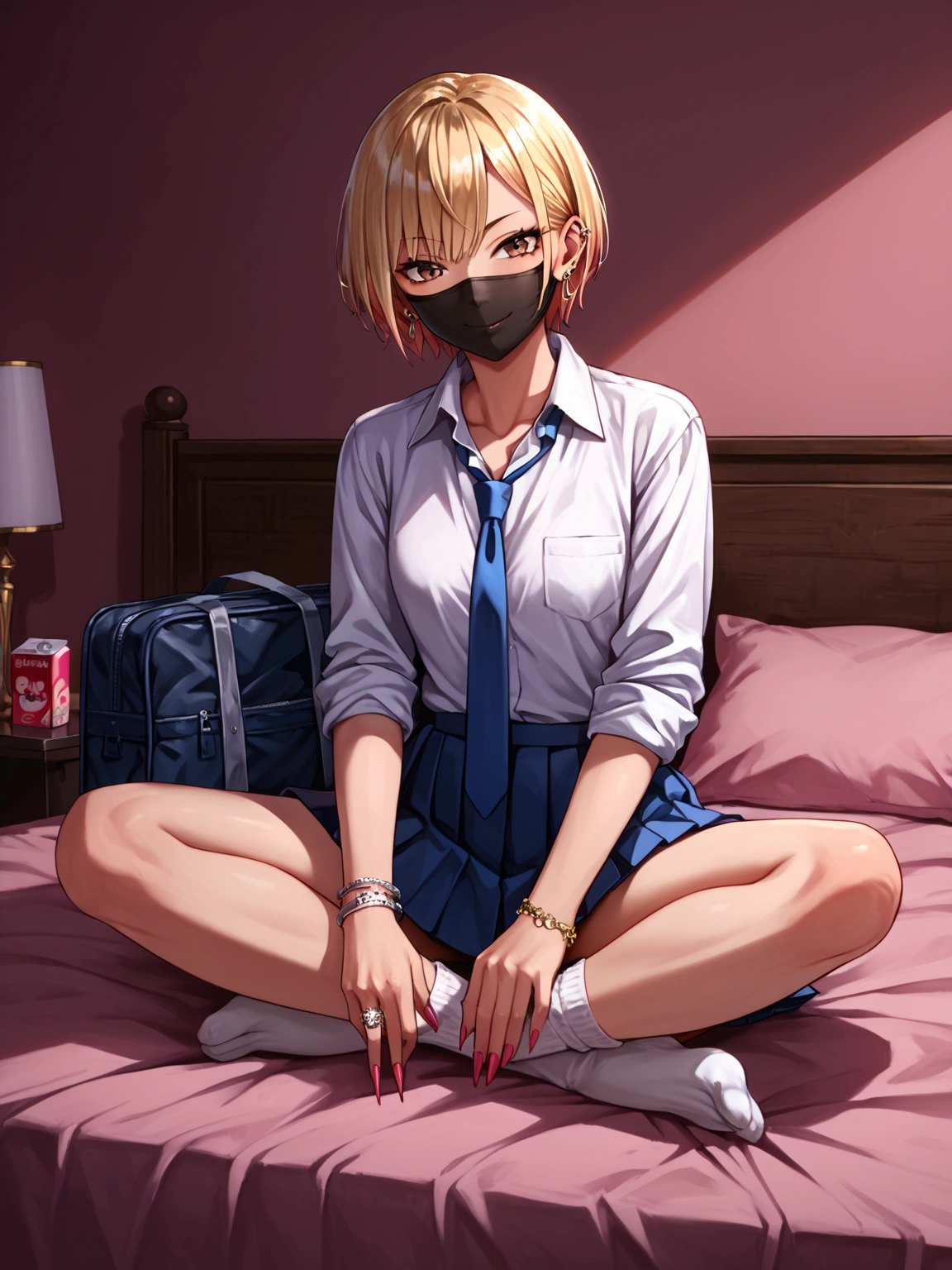 score_9, score_8_up, score_7_up, sorce_anime, 1girl, solo, gyaru, blonde hair, very short hair, brown eyes, smile, smirk, mouth mask, black mask, nail polosh, sharp fingernails, single pierced earring, silver bracelet, white shirt, collared shirt, sleeves rolled up, blue necktie, loose necktie, pleated skirt, micro skirt, white socks, hotel room, love hotel, pink room, sitting on bed, pink bed sheet, condom box, smartphone, school bag