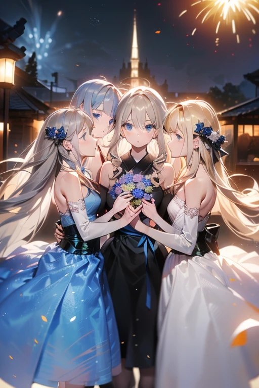 3. Partition View, ((3 Girls:One girl and Two Girls and 3 Girl)), dress, holding a huge bouquet,  One girl:(, 銀髪extreme Long Hair, Straight Hair, blue eyes, Small bast), Two Girls:(20 years old, Blonde, Long Hair, Wavy Hair, Green Eyes, Large bast), 3 Girl:(, Gray Hair, Long Hair, Twin tails, Blondeの瞳, change), firework,