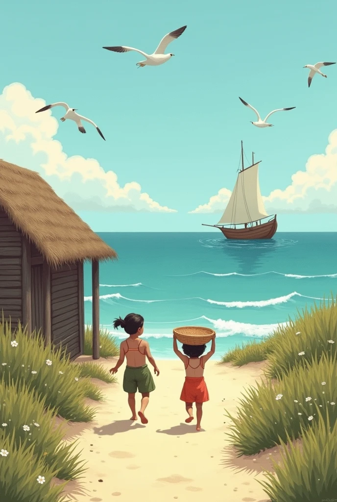 When the mother goes to dig a hole in the shade of the island, the baby is left alone to watch the house, and then he puts his arm around the sea and falls asleep to the lullaby that the sea sings.,

2. The baby is sleeping soundly, but the sound of seagulls makes her heart flutter. The mother runs along the sandy road carrying an unfilled oyster basket on her head.