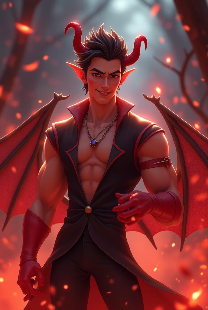 Boy with two big horns, big earrings on ears, elf ear, red eyes, Thick eyebrows, evil smile, grinning,red body, red face, Burning skin, yellow diamonds glistening on chest, burning red skin,golden robe behind, big white belt , 8k , realistic, scary,