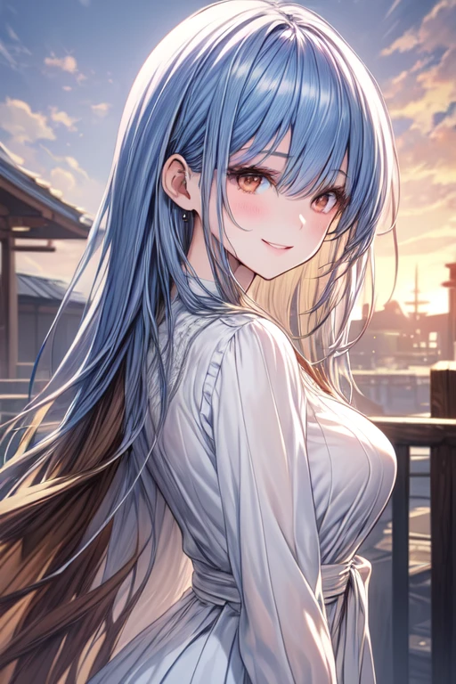 (masterpiece, best quality, ultra-detailed, illustration), beautiful face, perfect body, 1girl, solo, dress, straps, village, old houses, outdoors, folk, legends