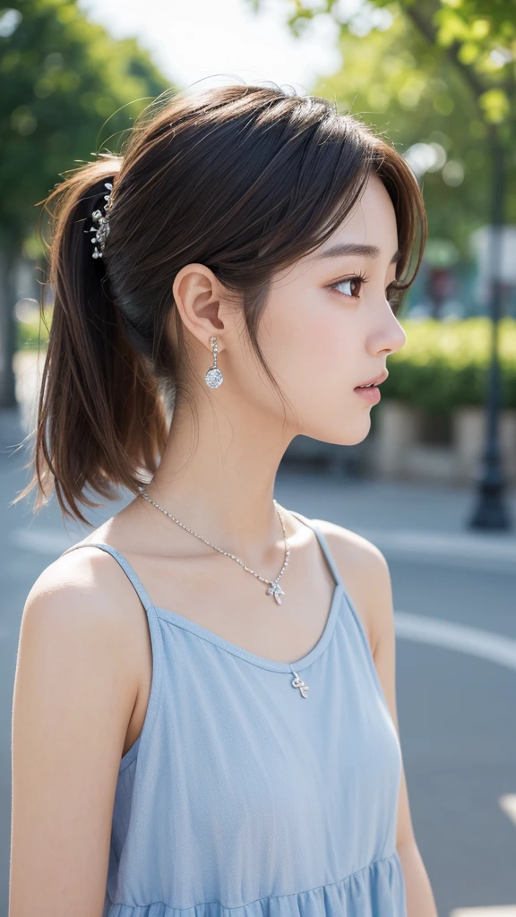 (((masterpiece))), ((photo realistic:1.2)), Japanese young girl, fifteen years old, well-proportioned, shiny eyes, (fairy-like face), ((broad jawline)),realistic skin, puffy face, no make up, short low ponytail, ((brown hair)), bob cut, ((messy hair)), しかめっ面, tearful face, laugh out, (tiered dress), earrings, silver necklace, theme park, profile portrait