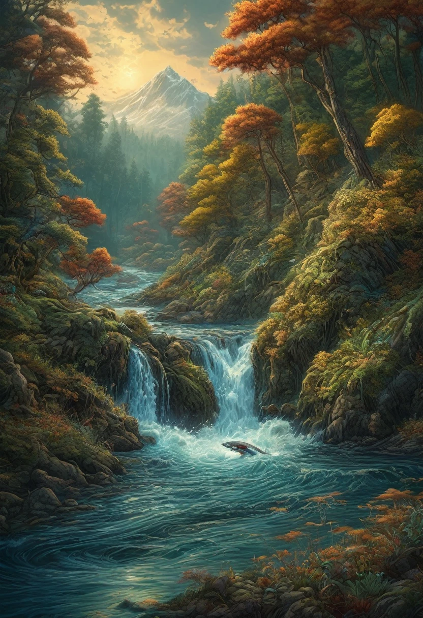 painting of a fish jumping out of a river into a stream, an ultrafine detailed painting by Kerembeyit, behance contest winner, ecological art, el bosco and dan mumford, painting by dan mumford, scenery art detailed, dan mumford and albert bierstadt, 4 k highly detailed art, dan mumford and thomas kinkade, highly detailed digital artwork