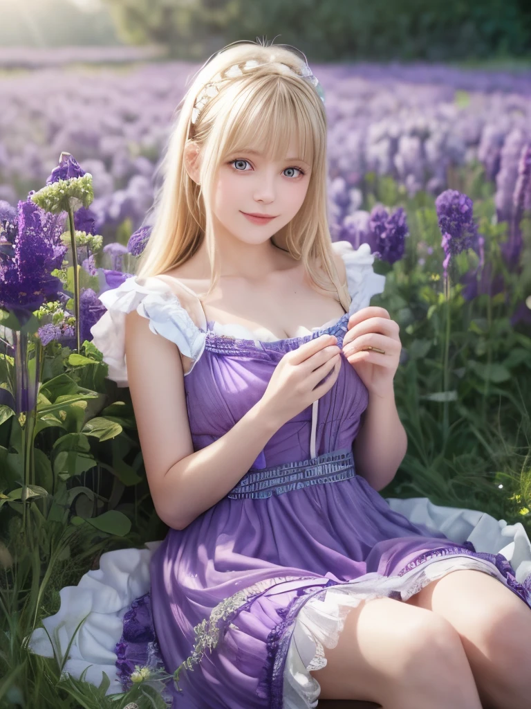 Girl 14 years old mysterious Blonde White Skin Soft natural light in the forest Blue Eyes gem Long Hair Twin tails Pale purple lace