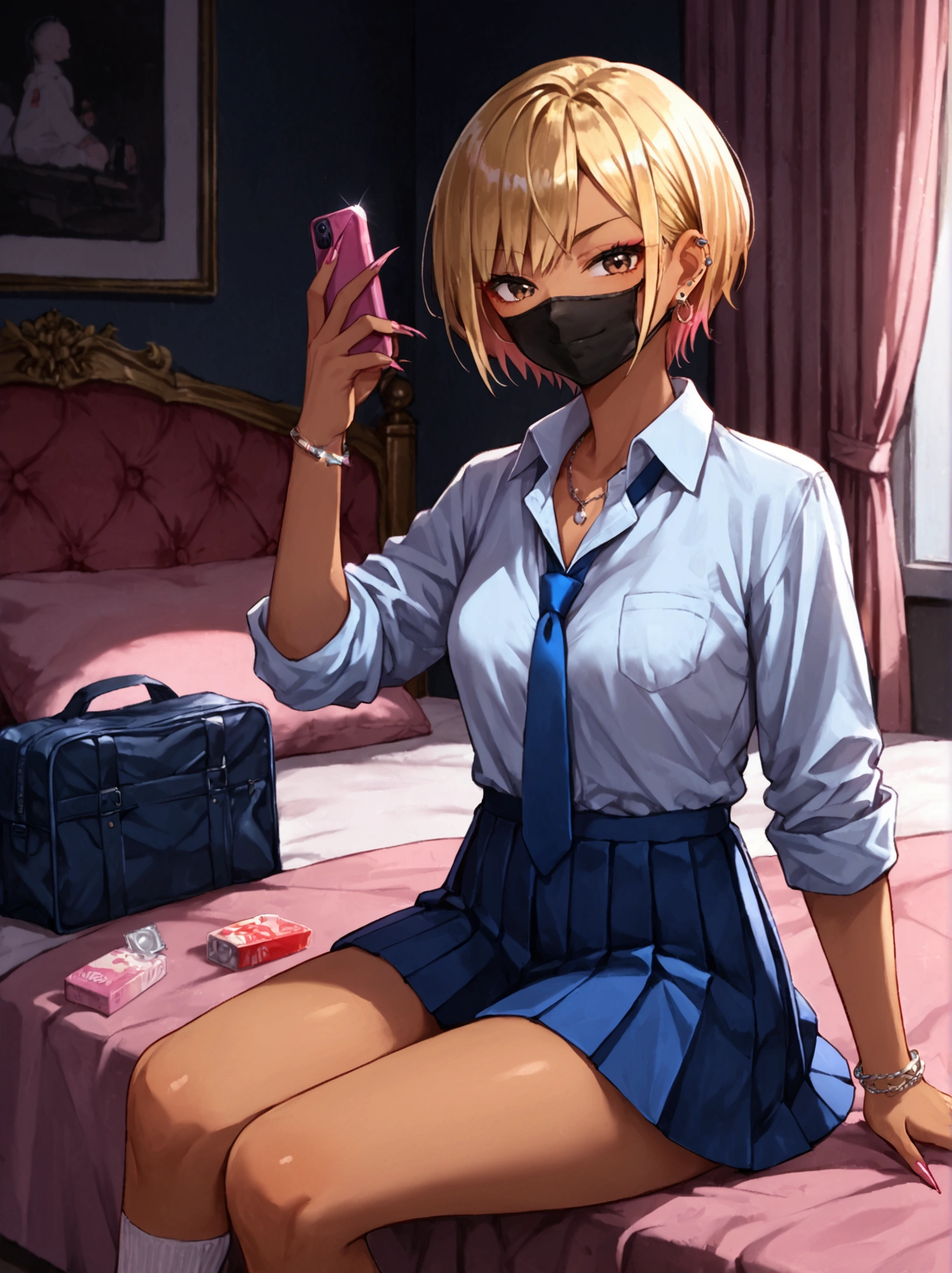 score_9, score_8_up, score_7_up, sorce_anime, 1girl, solo, gyaru, blonde hair, very short hair, brown eyes, smile, smirk, mouth mask, black mask, nail polosh, sharp fingernails, single pierced earring, silver bracelet, white shirt, collared shirt, sleeves rolled up, blue necktie, loose necktie, pleated skirt, micro skirt, white socks, hotel room, love hotel, sitting on bed, pink bed sheet, pink pillow, condom box, smartphone, school bag