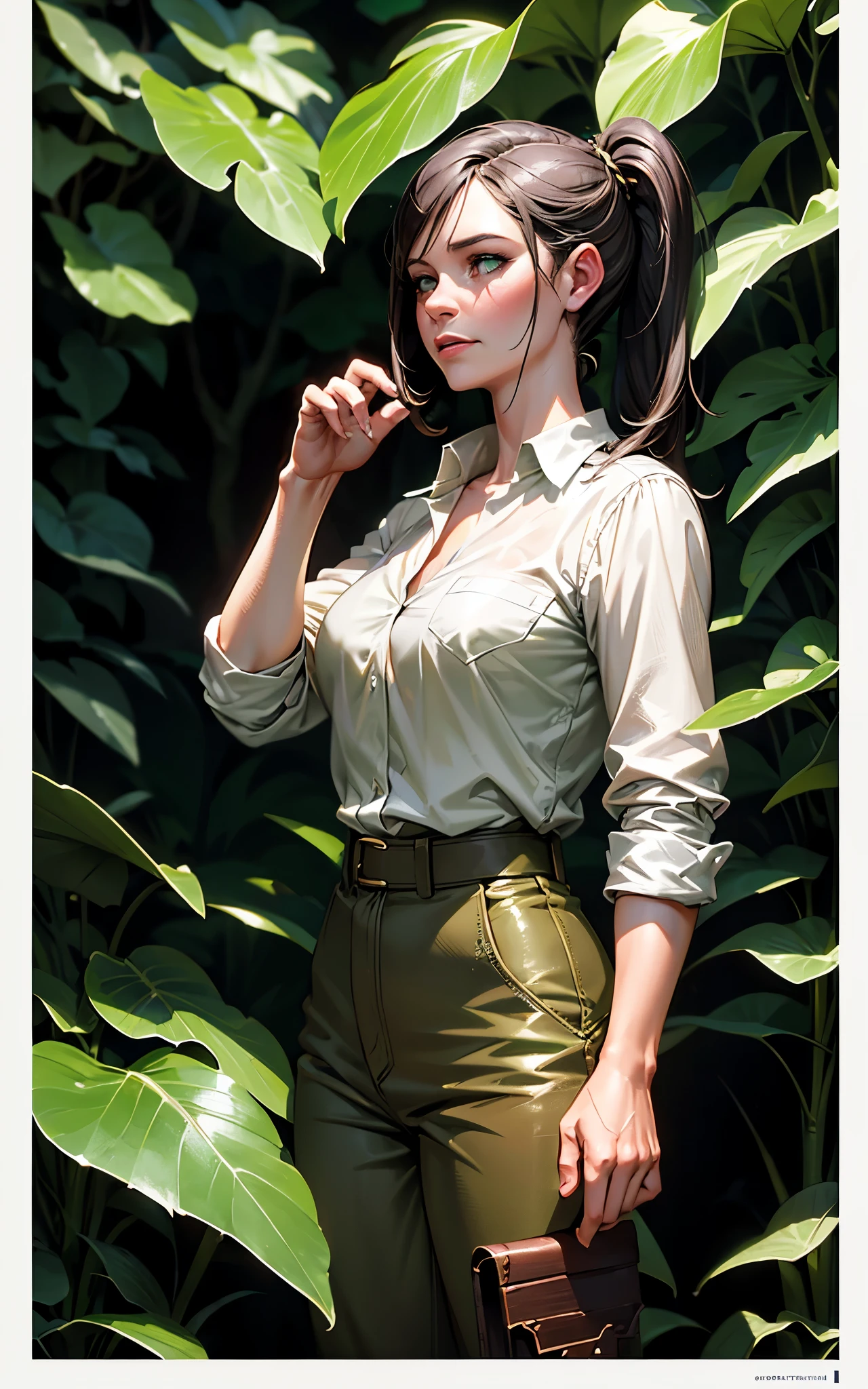 (Evangeline Lilly:Alicia Vikander) ponytail, Explorer in the jungle, white shirt, green jacket, beige cargo pants, year 1925, Lovecraft atmosphere, dark atmosphere, masterpiece, hyperdetailed, trending on artstation, sharp focus, golden ratio, 4k resolution. 