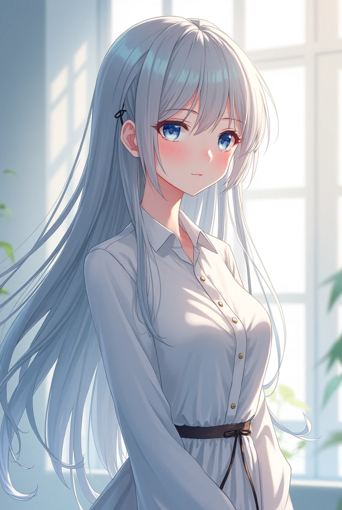 Albino, pretty girl, one girl, attractive whitish light blue eyes, teenager, silver hair, Koko jormungand, business clothing, skirt, realistic photograph