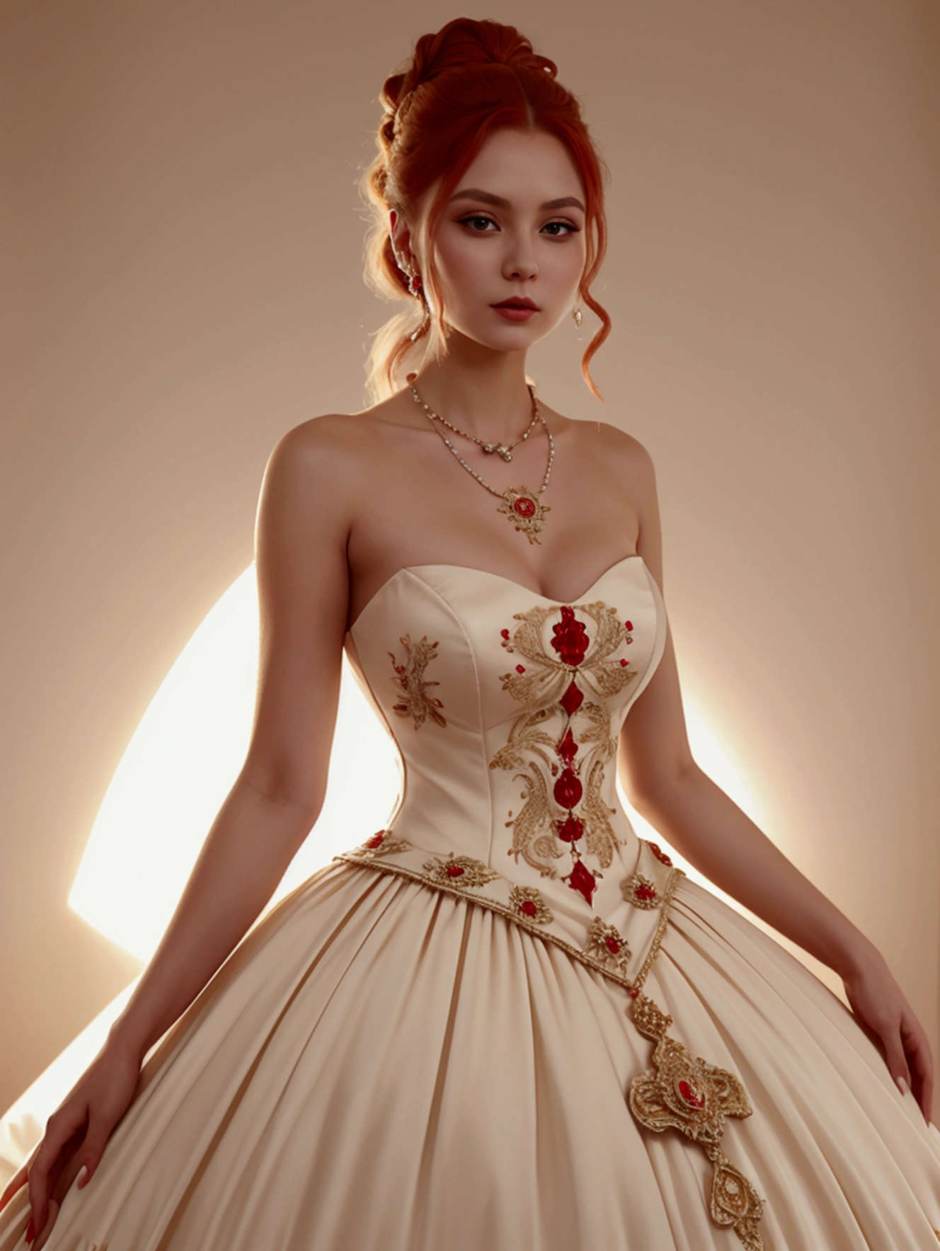 SHIU IRISHA woman of 63 Russian woman Russian at the ball in a cream-colored ball gown with red trim, necklace, high hairstyle