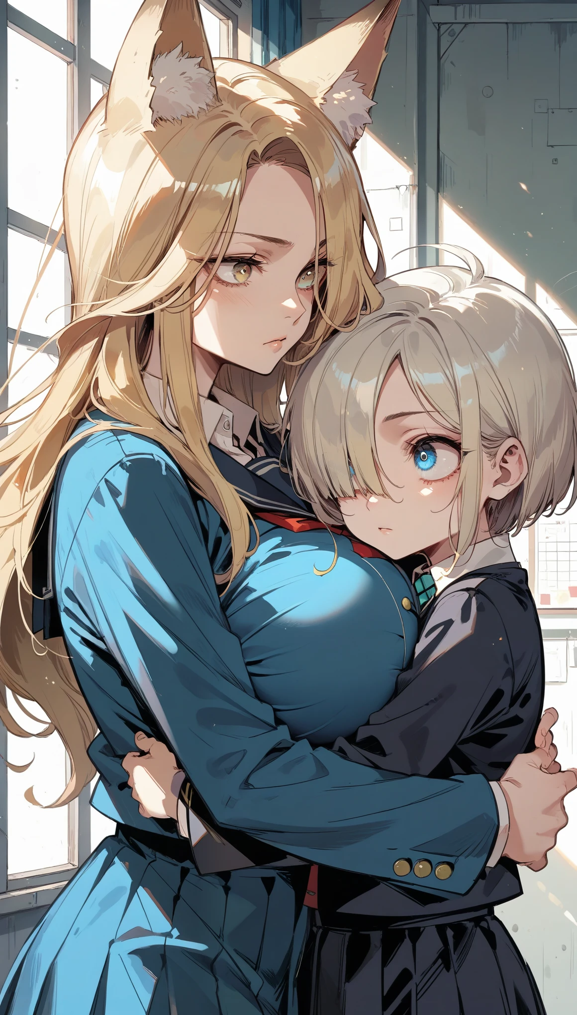 looking away from the camera,(Fox Ears),(forehead,long hair over one eye),((side parted hair)),((huge breasts)),((Narrow eyes,Clear Eyes,Perfect Eyes)),Blonde,Long Hair,Old room,school uniform,Delinquent Girl,gal, clothes are exposed,Hug with child,(Straight Hair)