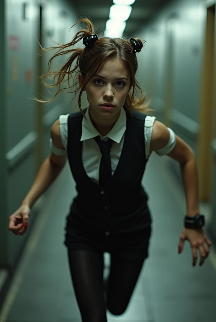 ((Highest quality)), ((masterpiece)), (horror movie posters:1.5), ((Jason)), (Shaved woman), (Motion Blur:1.1), ((逃げるJasonを後ろから追いかける筋肉質な坊主のグレーの女性のハト)), グレーのShaved womanのハトがOff-white short-sleeved collared shirtに薄茶色のベストを着てひざ丈の黒いスカートに短い濃い緑の靴下と黒の靴を履いている, Photorealistic images, (Off-white short-sleeved collared shirt),