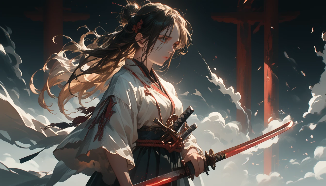 anime girl,with a katana in hand,bright colors,maximum details,long hair,fluttering in the wind,dark atmosphere,Feel the Power,Image of the Ancient Warrior,Beautiful Appearance,ultra detail,top quality,8k wallpaper