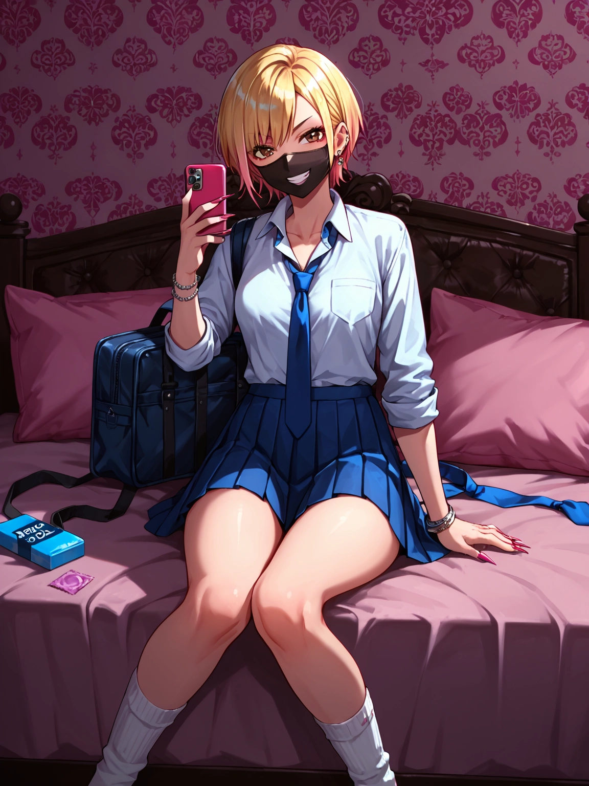 score_9, score_8_up, score_7_up, sorce_anime, 1girl, solo, gyaru, blonde hair, very short hair, brown eyes, mouth mask, black mask, evil grin, nail polosh, sharp fingernails, single pierced earring, silver bracelet, white shirt, collared shirt, sleeves rolled up, blue necktie, loose necktie, pleated skirt, micro skirt, white socks, love hotel, sitting on bed, pink bed sheet, pink pillow, condom box, smartphone, school bag