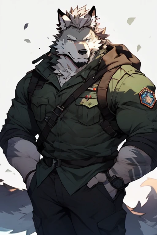 A Upper Body And Almost Right Side Body Picture of A Very Muscular Furry style Gray Wolf. he is wearing Full long Dark Green Soldier Millitary Outfit. He is looking at the viewer. The background is just color white. His hair is spikey and messy. He have A gray hair. He have a little smile with blushes on his face in shyness. He have a very long tail. he have gray eyes. his both hand is in his pockets. he is standing in the background, his mouth is open