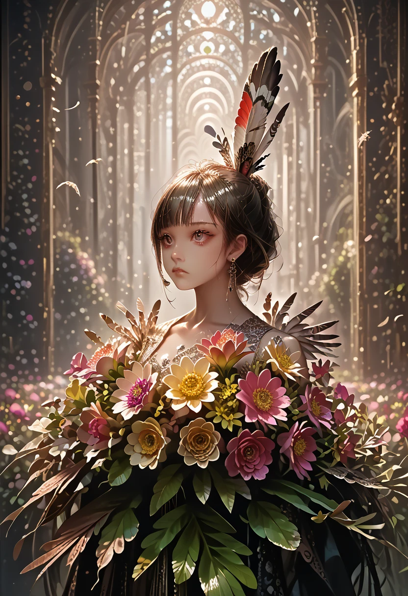 (official art, beautiful and aesthetically pleasing:1.2), (1 girl:1.3),(fractal art:1.1),(Colorful:1.1)(flowers:1.3),as detailed as possible,(confuse:1.2), full body, (abstract background:1.3), (Shiny skin), (many flowers:1.4), ,(earrings), (feathers:1.5),