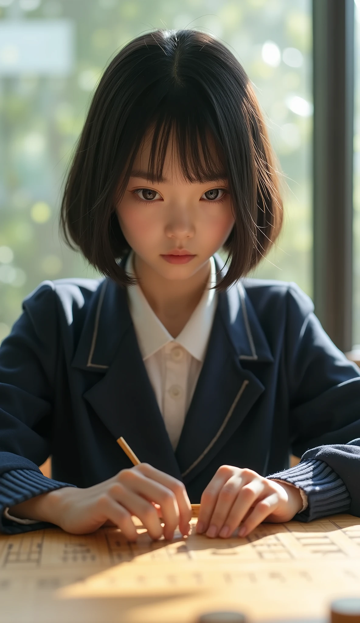 At home, Study at your desk, short detailed hair, Primary school student wearing Shenzhen school uniform, ssmile, looking at viewert, 35mm, filmgrain, Cinematic lighting, surrealism, Super detail, High details, Best quality, A high resolution
