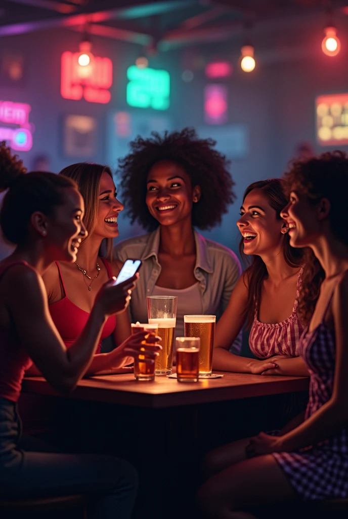 photo of blonde woman, celebrating at a bar with 2 female friends