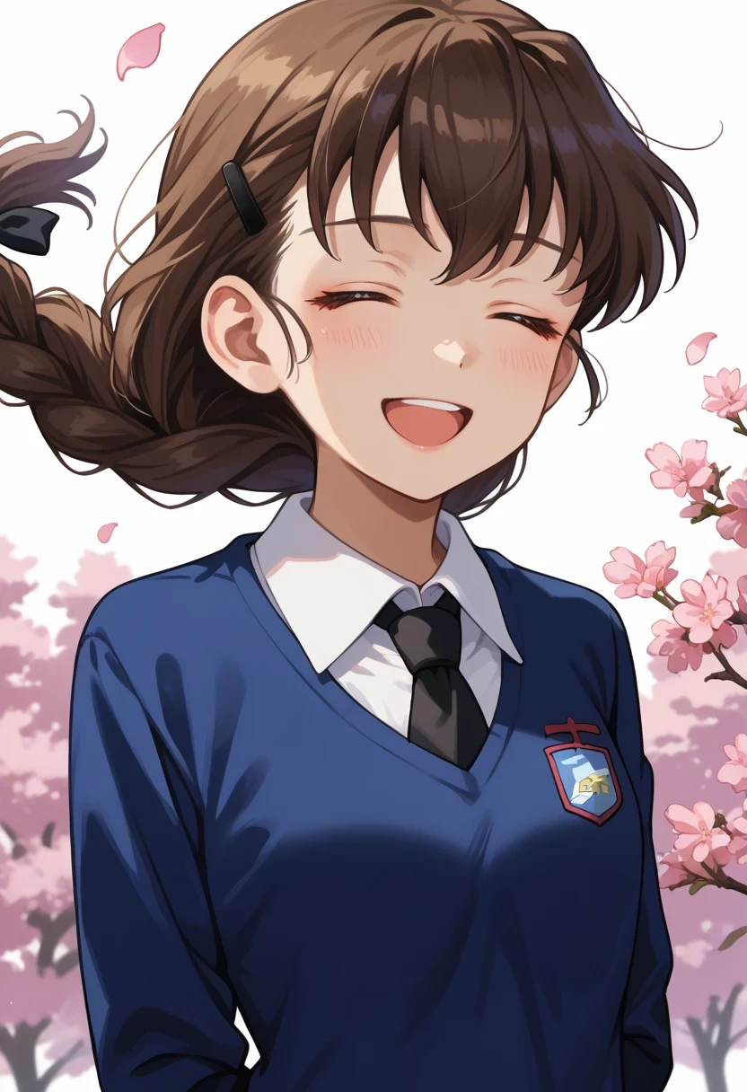 score_9, score_8_up, source_anime, 
 , 1girl, st. gloriana's school uniform, hairclip, blue sweater, dress shirt, brown hair, v-neck, long hair, hair ornament, closed eyes, smile, wing collar, single braid, white shirt, white background, open mouth, long sleeves, black necktie, petals, wind, facing viewer, simple background, standing, hair ribbon, bangs, upper body, arms behind back, black ribbon, braided ponytail, hair bow, st. gloriana's (emblem), cherry blossoms, black bow