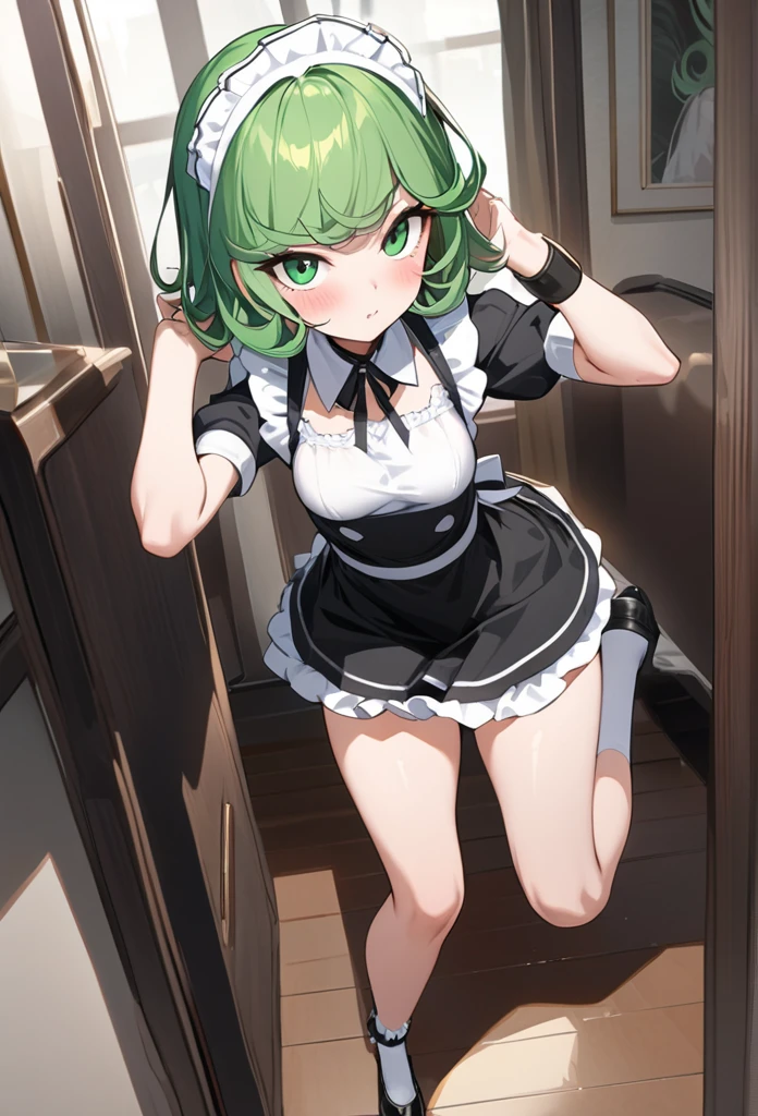 1 girl, cute, young, green hair, bob haircut, green eyes, maid, thigh high, excessive cum, bukkake,