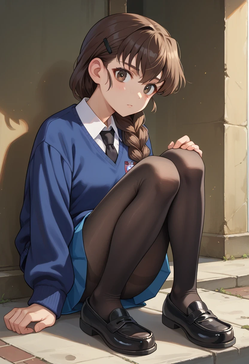 score_9, score_8_up, score_7_up, score_6_up, 
 single braid, hair over shoulder, brown eyes, long hair, bangs, braided ponytail, hairclip, hair ribbon, hair ornament,   
st. gloriana's school uniform,blue sweater,black necktie,shirt,long sleeves,blue skirt,pantyhose,black pantyhose,loafers,black footwear