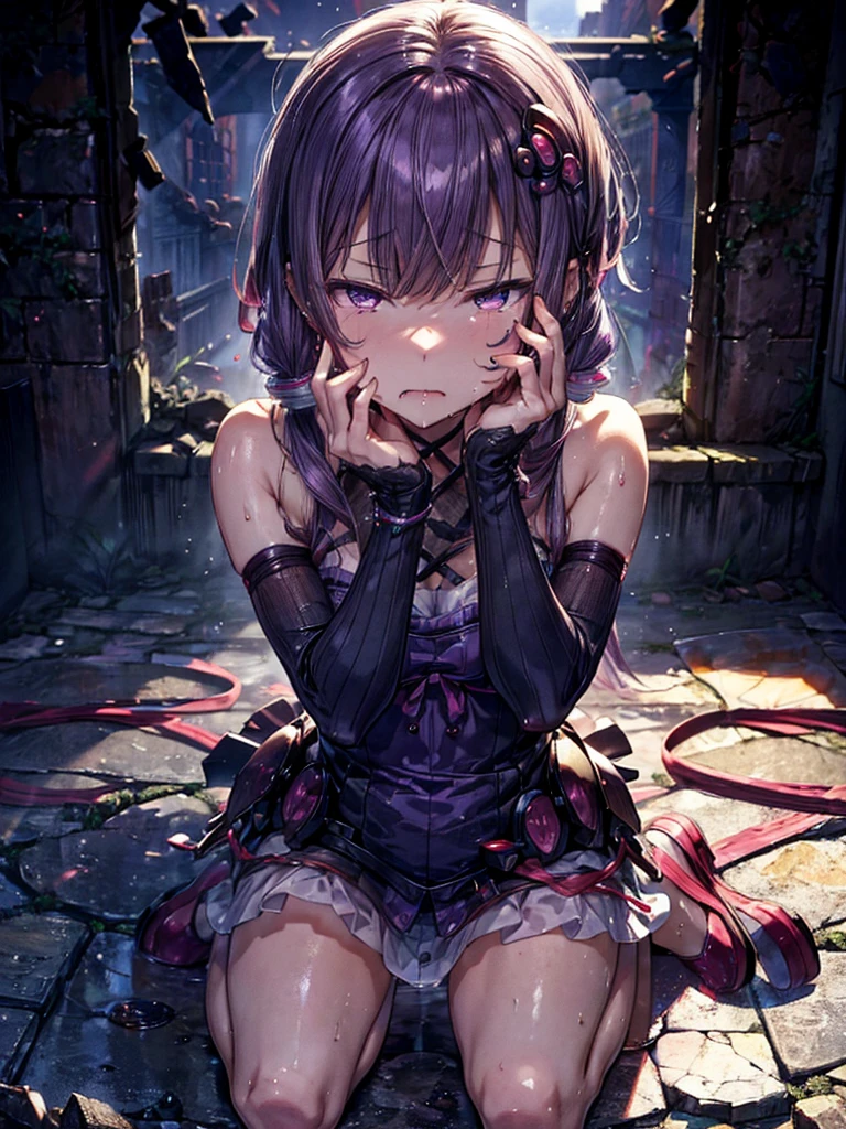 Detailed, yuzuki yukari, gloss, sweaty, saliva, relax, First-person view, Mysterious atmosphere, In the ruins, Hiding face with hands, Kneeling, Ear piercing, Seductive pose, , Clothes that show your body lines, eye opening (1)