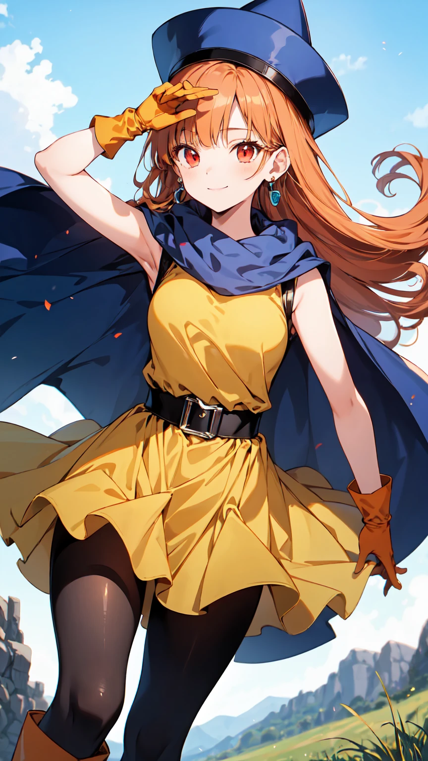 Arena - DQ4, DQ4 Arena,Black Pantyhose,Blue Cape,Blue hat,boots,Curly Hair,Earrings,Long Hair,Orange gloves,Orange Hair,Red eyes,Sleeveless,Yellow Dress,Yellow Skirt, 1 girl, Alone, Face-to-face audience, ["Gazing at the viewer, smile, random pose, grassland