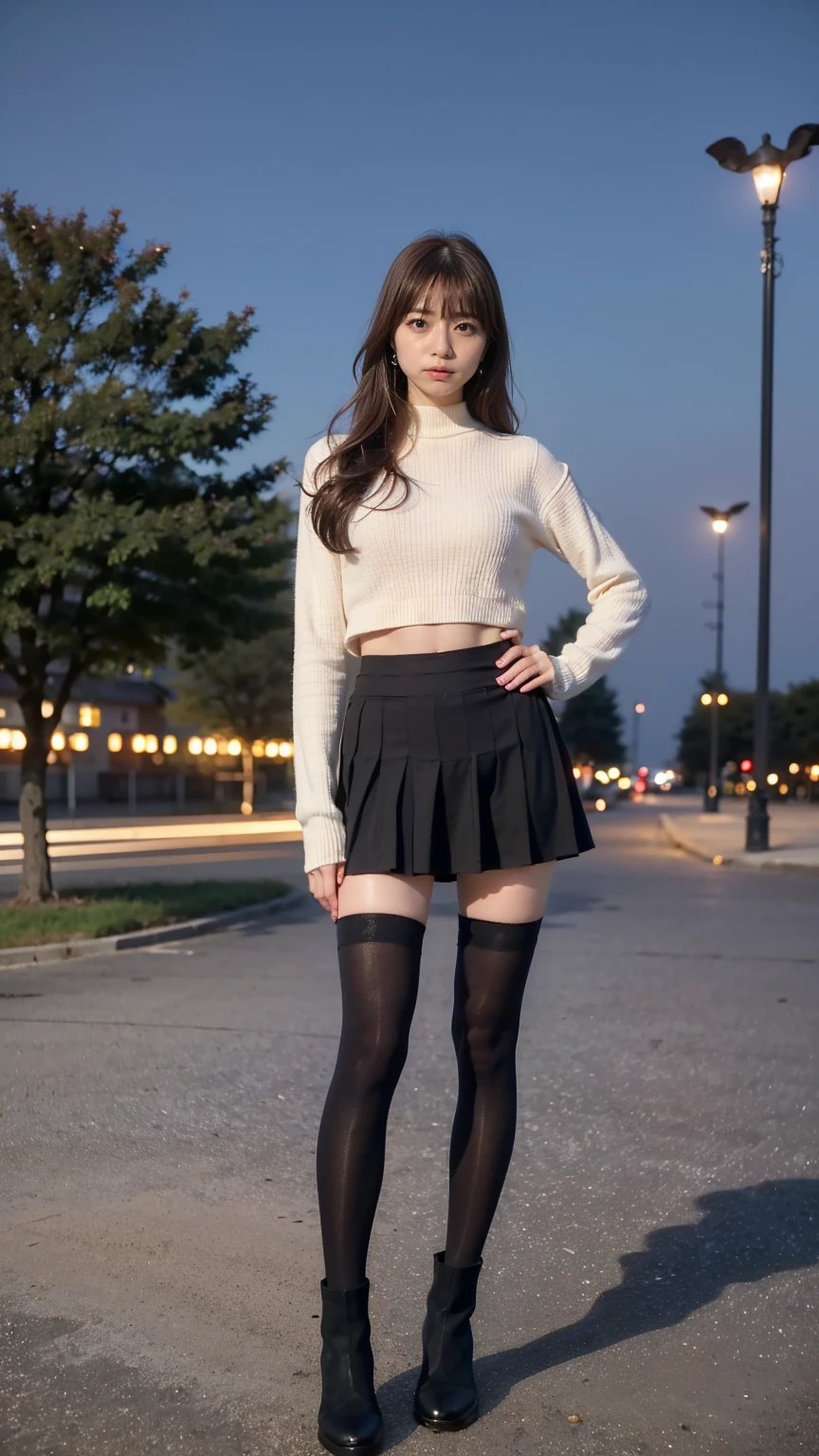 (8k、RAW Photos、Best Quality、masterpiece:1.2)、(Realistic、Realistic)、1 person、((Medium Hair、tights、sweater、mini skirt、Thin legs、whole body、boots、View from the front、Looking into the camera、Night Park、Stand with hands on hips))、cute