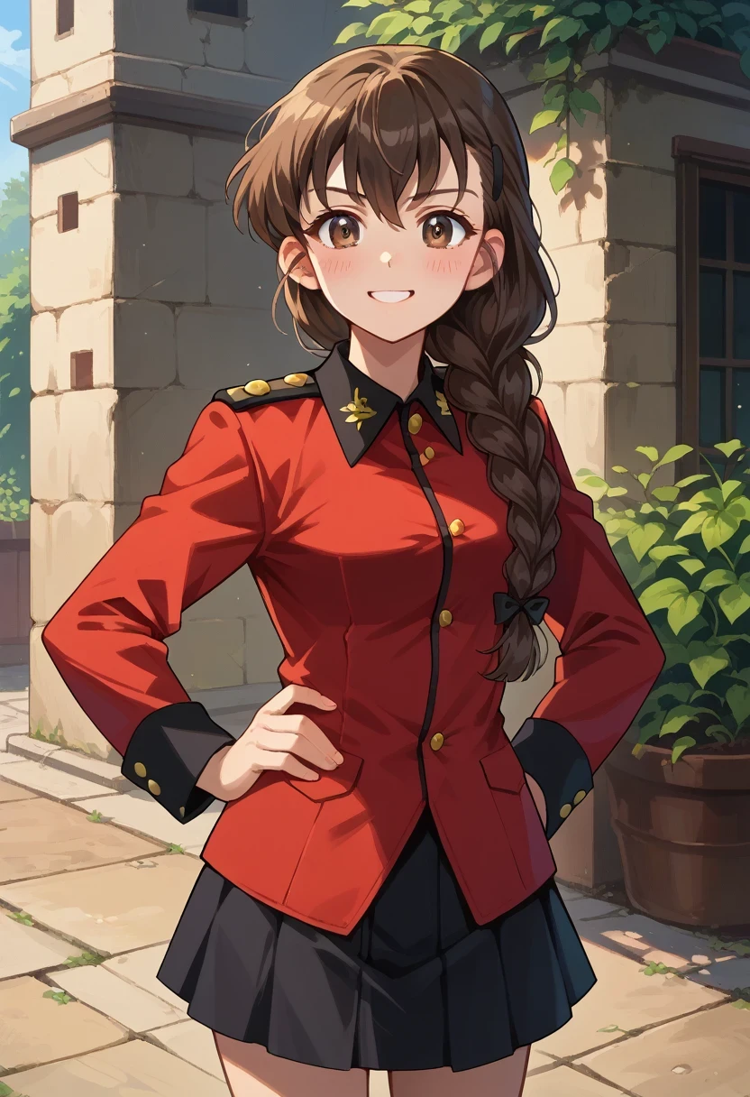 score_9, score_8_up, score_7_up, score_6_up, , solo, hand on hips,
 single braid, hair over shoulder, brown eyes, long hair, bangs, 1girl, blush, braided ponytail, hairclip, hair ribbon, hair ornament,  st. gloriana's military uniform,epaulettes,red jacket,long sleeves,black skirt,boots,black footwear,,outdoors,standing,cowboy shot,smile, 