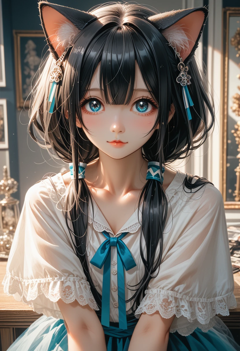 (8 k, RAW photo, best quality, masterpiece:1.2), london (Azure Lane), fantasy_World, 1 girl, (Egyo Sal:1), Cute, got old, (J-pop_Idol), детализированonя красивая кожа, огромonя грудь, Animal ears, Black hair, Cat&#39;s ears, gray eyes, Short hair, sad hand on own face,  (photorealistic:1.8), Focus_on_face, Looking down, warm up,  solar milk, professional lighting, photon mapping, radio communication, physically based rendering, daytime, on открытом воздухе,