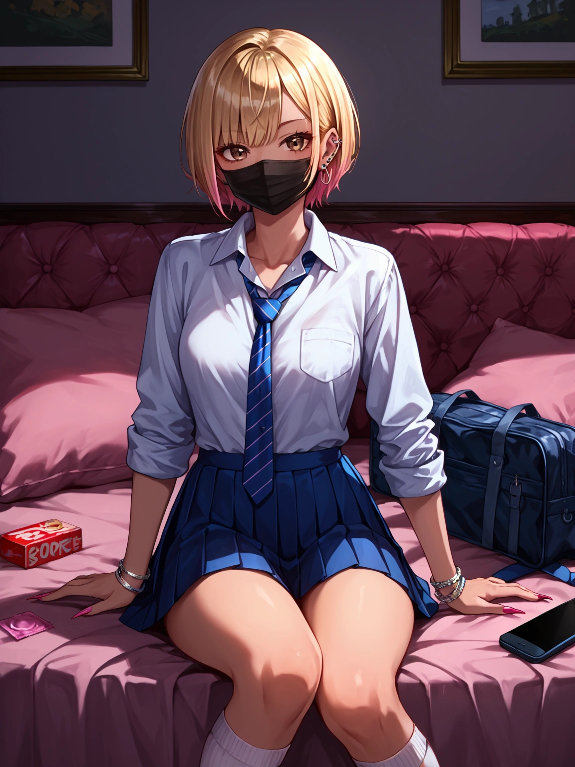 score_9, score_8_up, score_7_up, sorce_anime, 1girl, solo, gyaru, blonde hair, very short hair, brown eyes, mouth mask, black mask, nail polosh, sharp fingernails, single pierced earring, silver bracelet, white shirt, collared shirt, sleeves rolled up, blue necktie, loose necktie, pleated skirt, micro skirt, white socks, love hotel, sitting on bed, pink bed sheet, pink pillow, condom box, smartphone, school bag