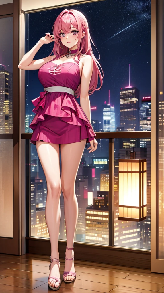 Full body, eye level view, girl atending night party, pink hair