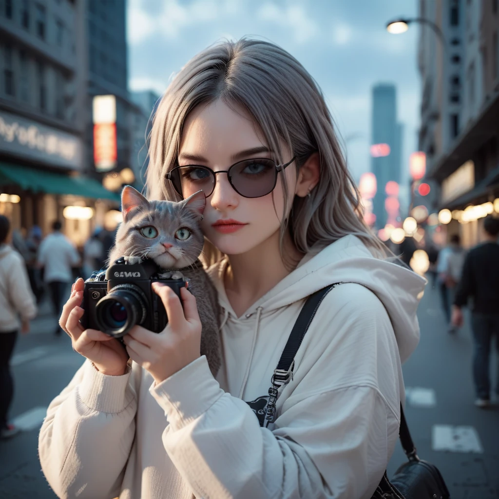 Cool cat, wearing black sunglasses, grey cat, looking at camera, new York background at night, wearing white Hoodie,