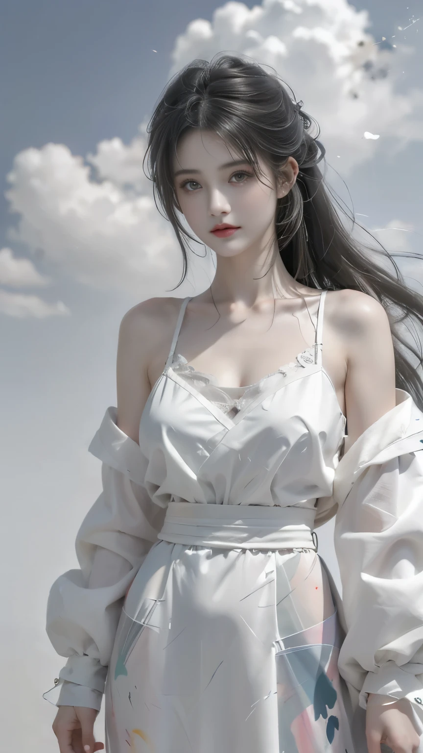 Floating in the white clouds,Very beautiful girl,((Gray hair)),(((Magic effect painting,Merge with the white clouds))),Bright eyes,Fair and translucent skin,(masterpiece),(Large Breasts:1.2),(Ultra-delicate),20 years old,Genshin Fu Nina
