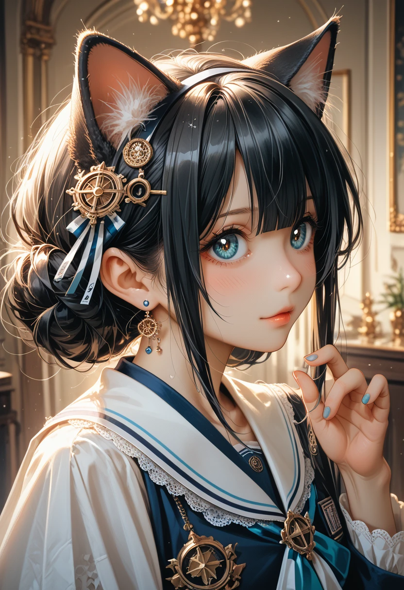 (8 k, RAW photo, best quality, masterpiece:1.2), london (Azure Lane), fantasy_World, 1 girl, (Egyo Sal:1), Cute, got old, (J-pop_Idol), детализированonя красивая кожа, огромonя грудь, Animal ears, Black hair, Cat&#39;s ears, gray eyes, Short hair, sad hand on own face,  (photorealistic:1.8), Focus_on_face, Looking down, warm up,  solar milk, professional lighting, photon mapping, radio communication, physically based rendering, daytime, on открытом воздухе,